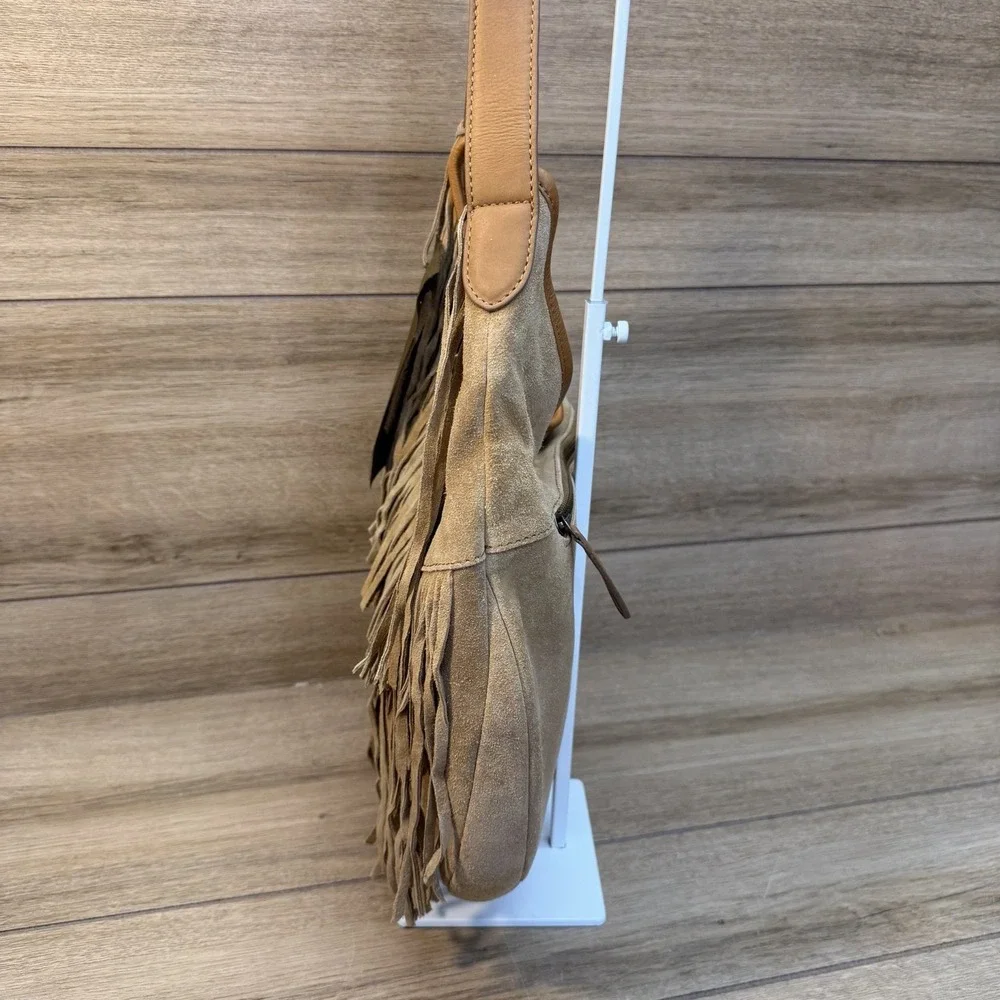 Vilenca Holland Light Brown Suede Leather Fringe Hobo Bag Boho Festival Western